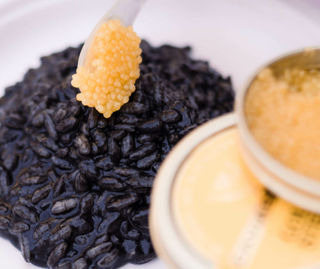 Caviale Golden Sterlet Caviar Giaveri scatoletta aperta decorazione su riso