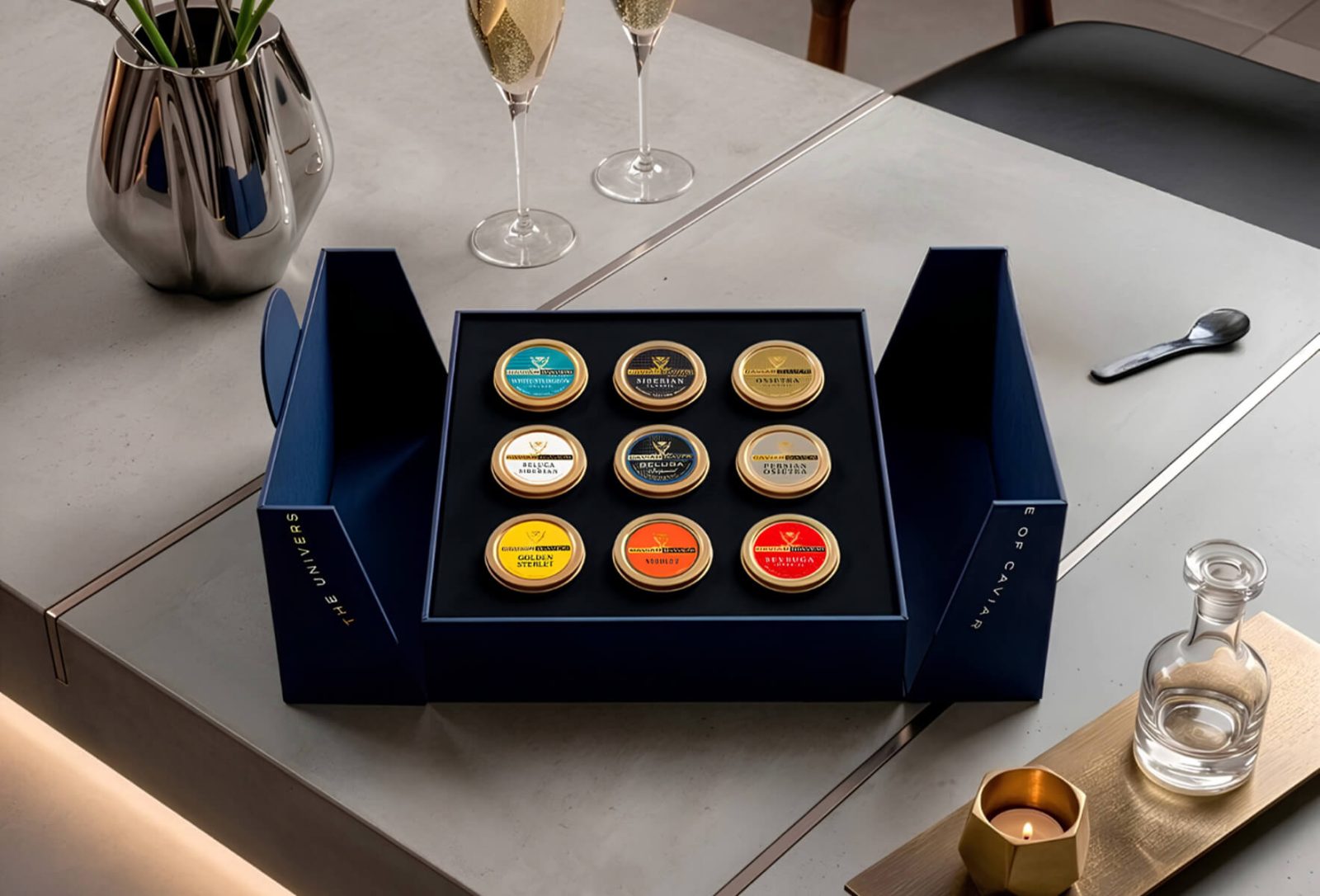 The Universe of Caviar - Selection of caviar in open gift box